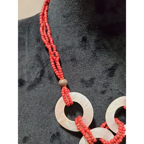 Women's Mother of Pearl Red Triple Layered Seed Beaded Stylish Wear Necklace - Picture 3 of 7